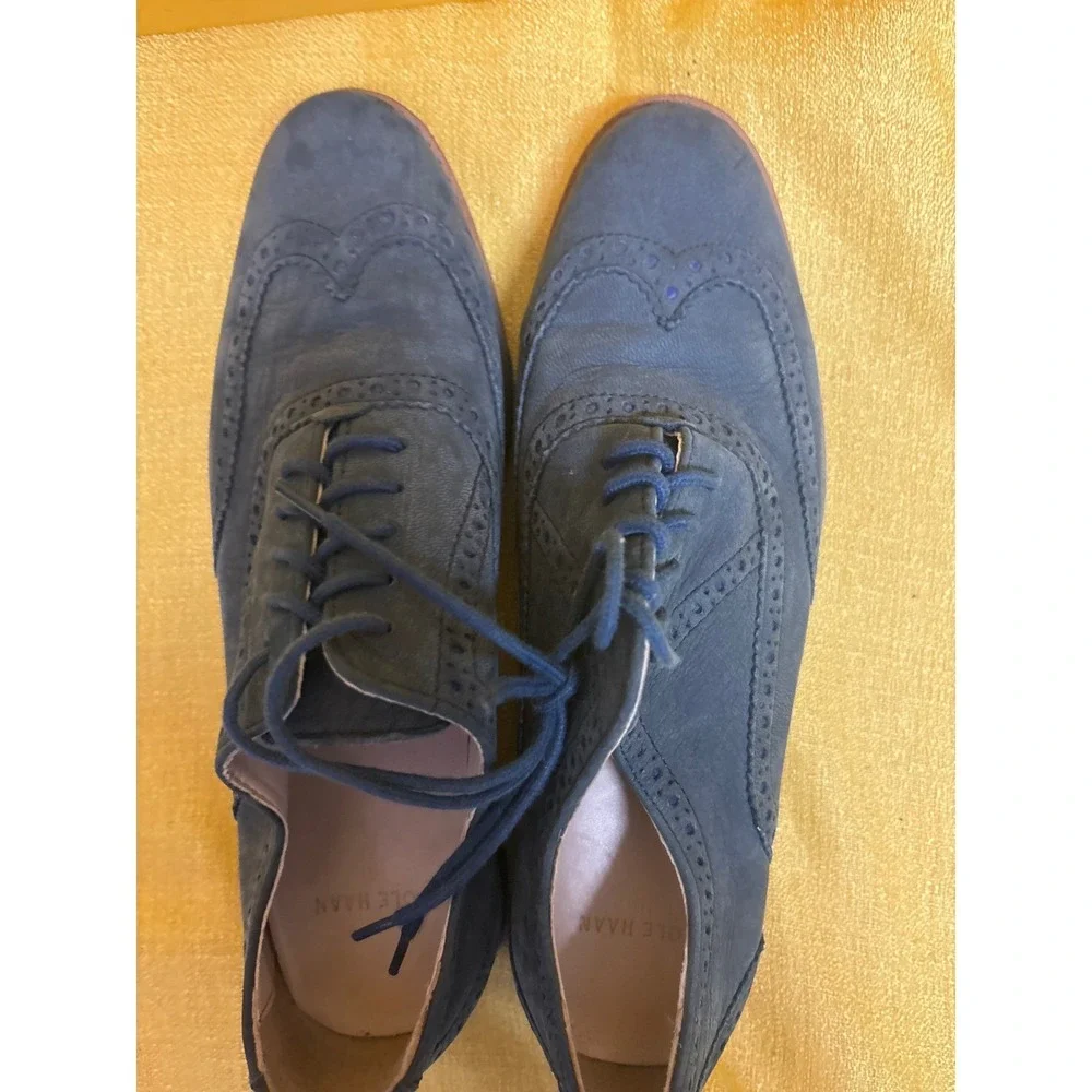 Cole Haan Wingtip Oxford Kids 6B  j14 Navy Blue Good Nubuck Brogue Dress Shoes